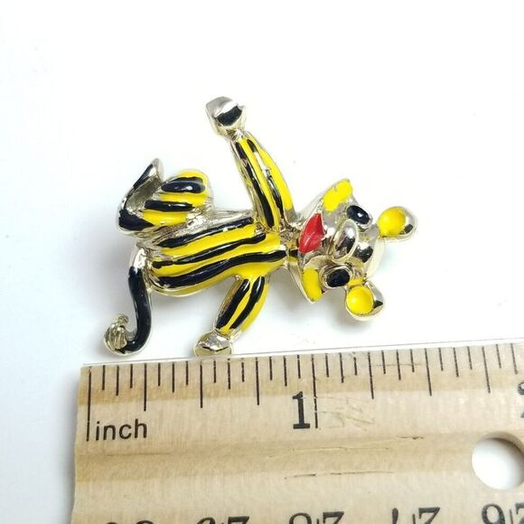 Vintage Black and Yellow Striped Enamel Animal Brooch, Ears Tail Mouse Bear - Picture 4 of 6